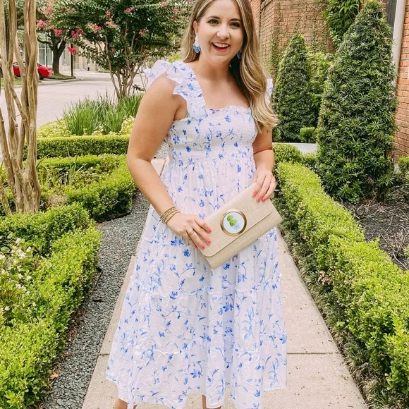 Hill House White Ellie Nap Dress Blue Botanica Smock Floral grad bump friendly - Picture 2 of 16